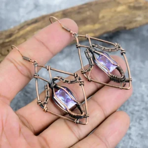 Natural Pink Amethyst Gemstone Handmade Copper Wire Wrapped Earrings – Unique Artisan Jewelry, Elegant 7.5" Chain Length Design for Women